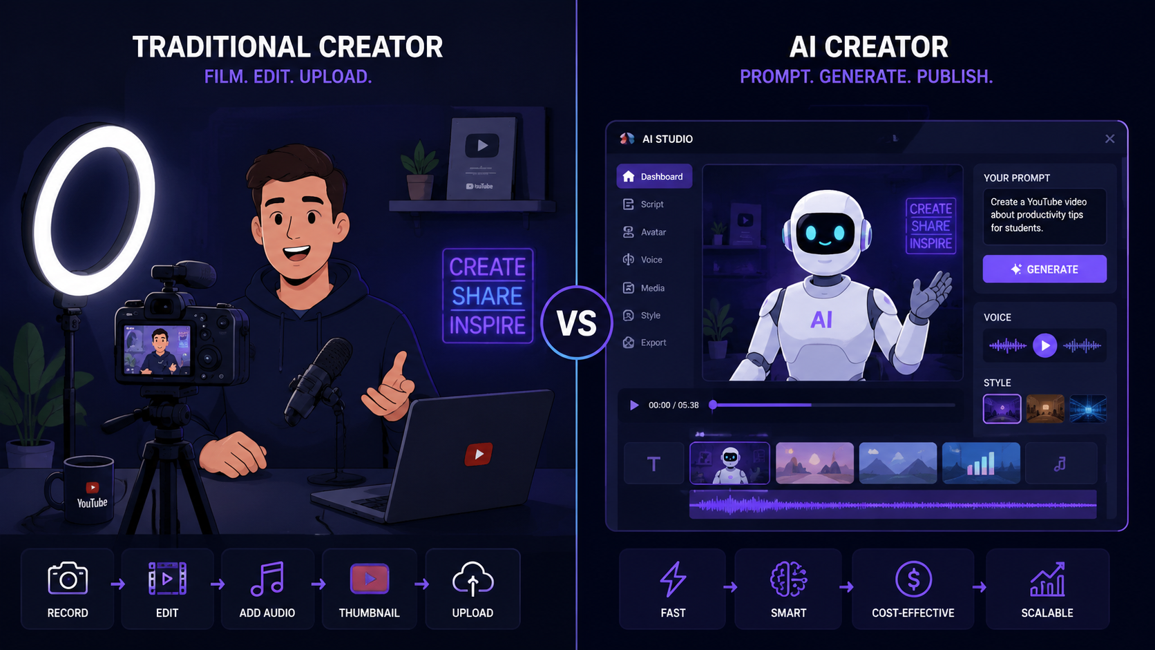 Side-by-side comparison of a Traditional Creator filming with camera versus an AI Creator using prompt-based AI Studio to generate YouTube videos automatically