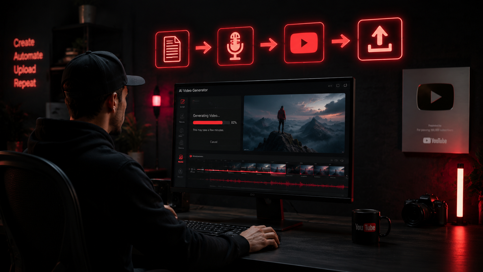 A creator at a dark desk using an AI Video Generator tool to automate YouTube content, with neon icons showing the Create-Automate-Upload-Repeat pipeline above the monitor