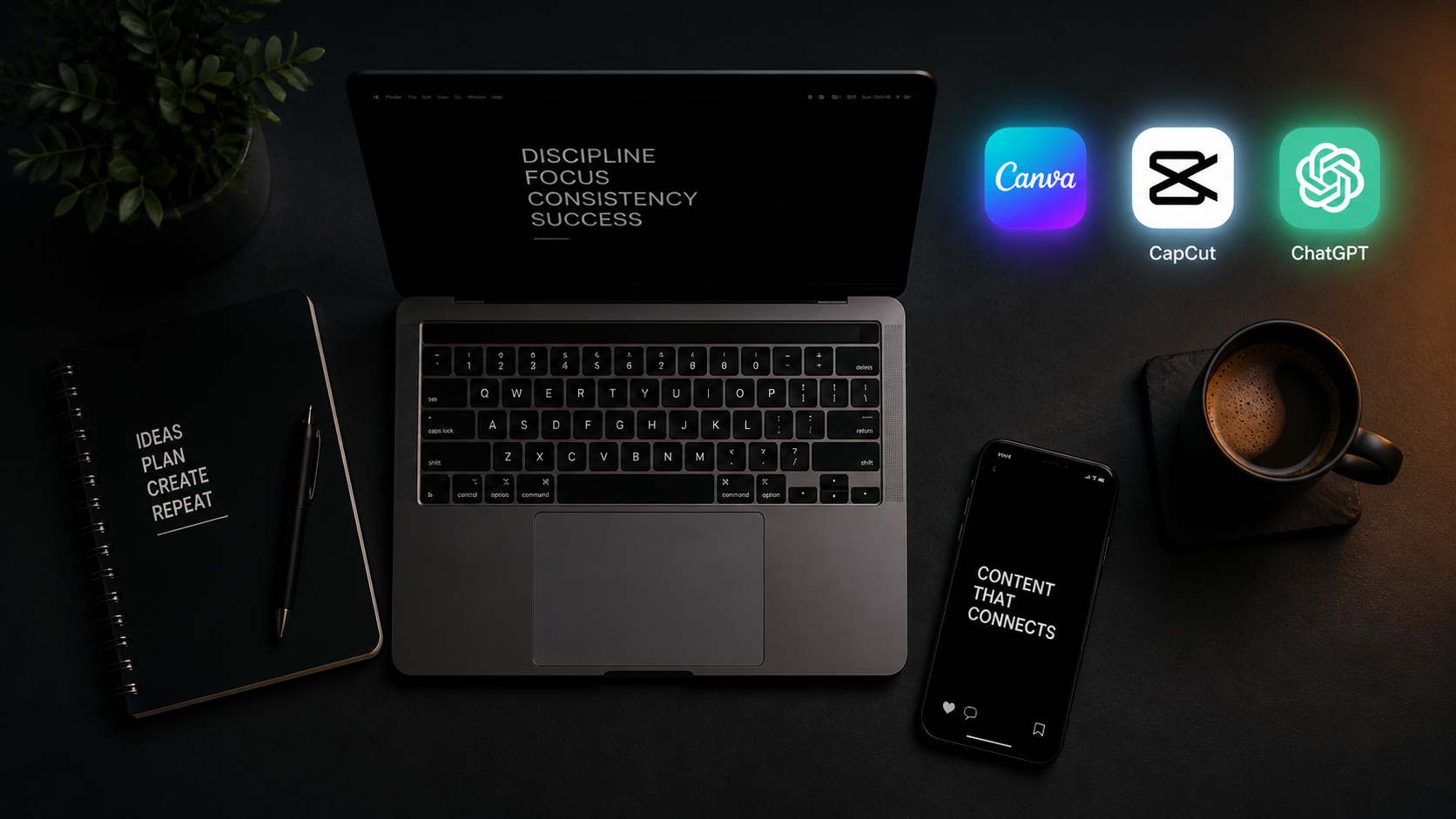 Free content creator tool stack laid out on a desk with laptop and smartphone