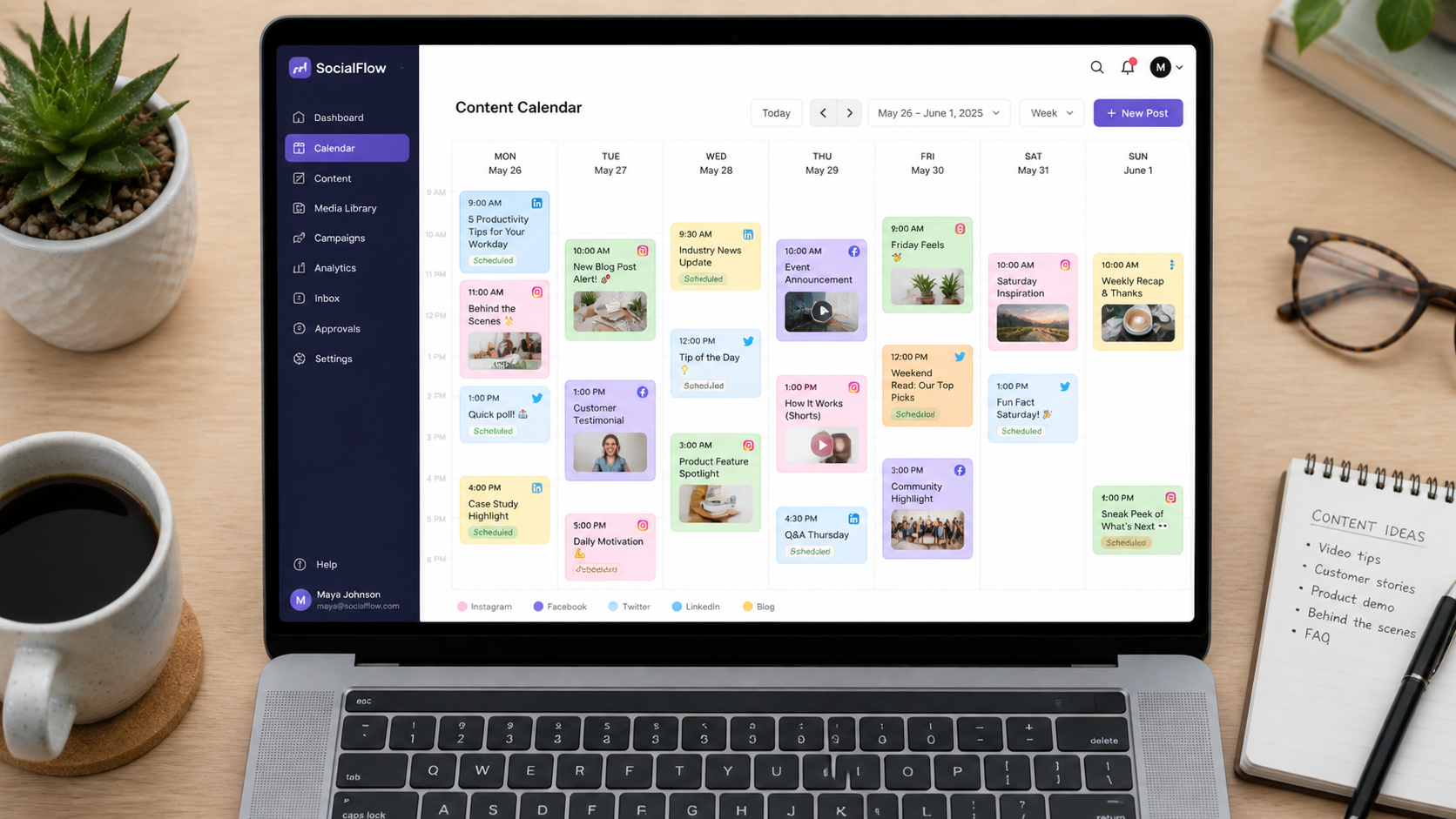 Content scheduling calendar on laptop screen showing a week of planned social media posts