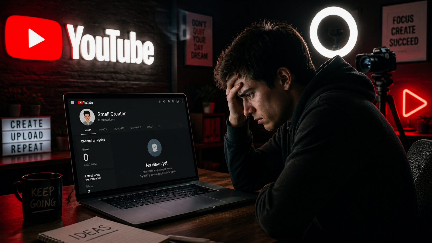 New YouTube creator frustrated looking at laptop showing zero views and no subscribers on their channel