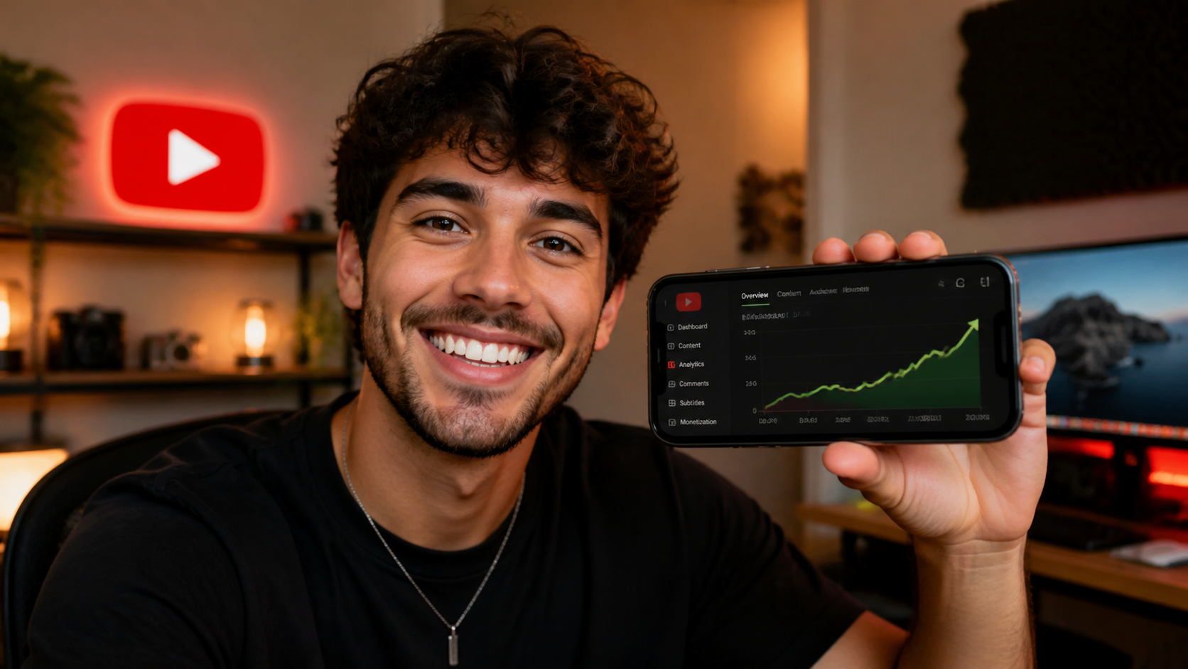 Happy YouTube creator holding phone showing YouTube Studio analytics with rising green graph
