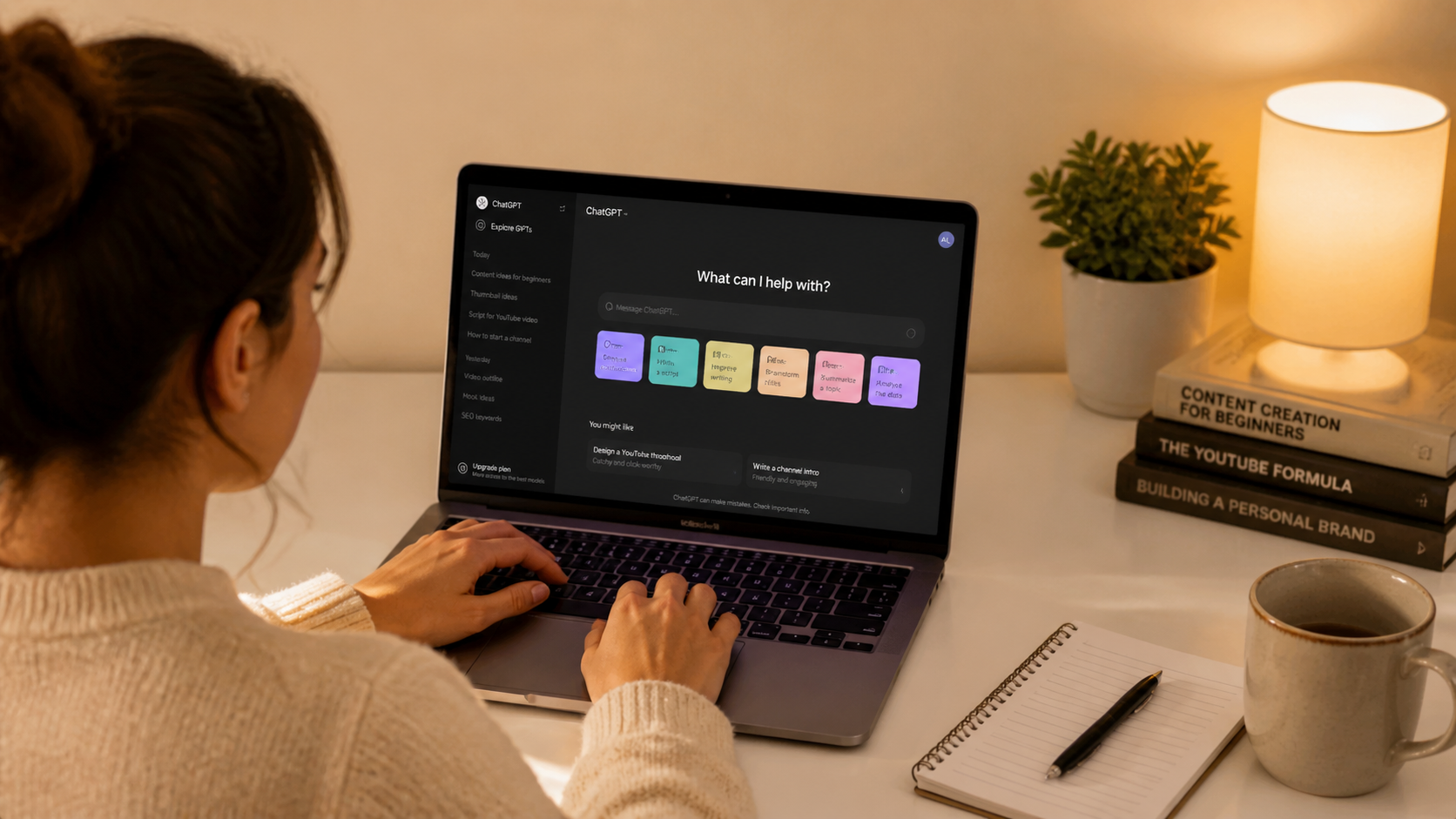 Beginner content creator using free AI tools on laptop at a clean home desk setup
