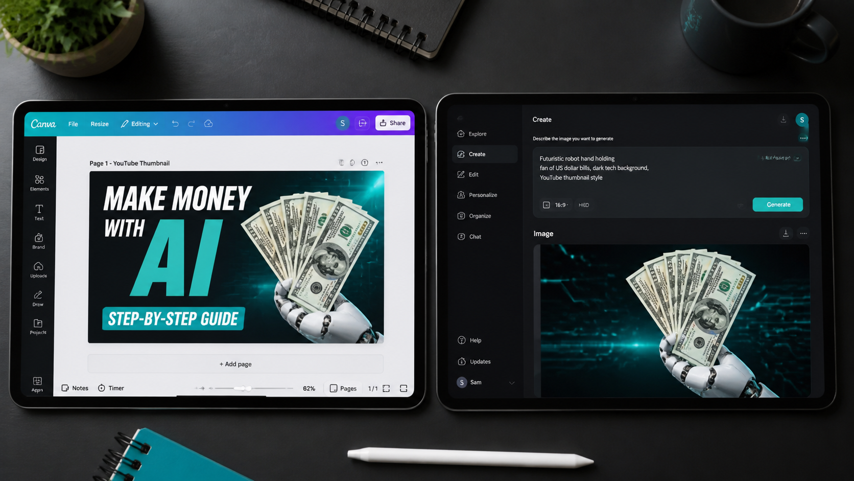 Free AI design tools including Canva and Leonardo AI interface showing image generation for content creators