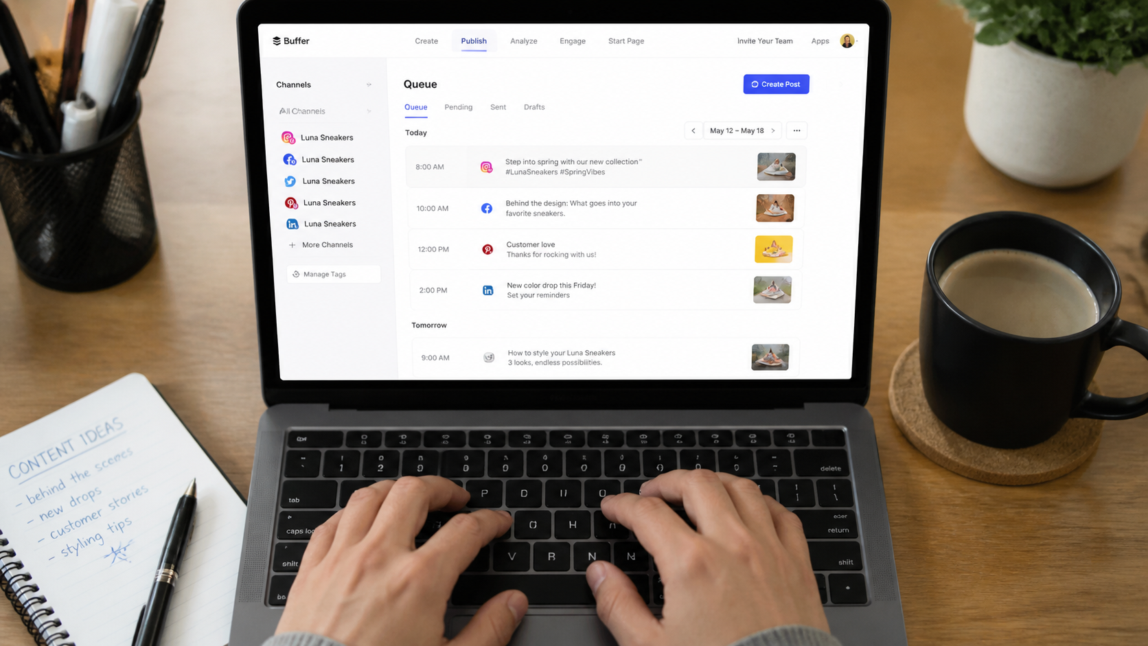 Free social media scheduling tools showing Buffer dashboard with queued content posts for a content creator