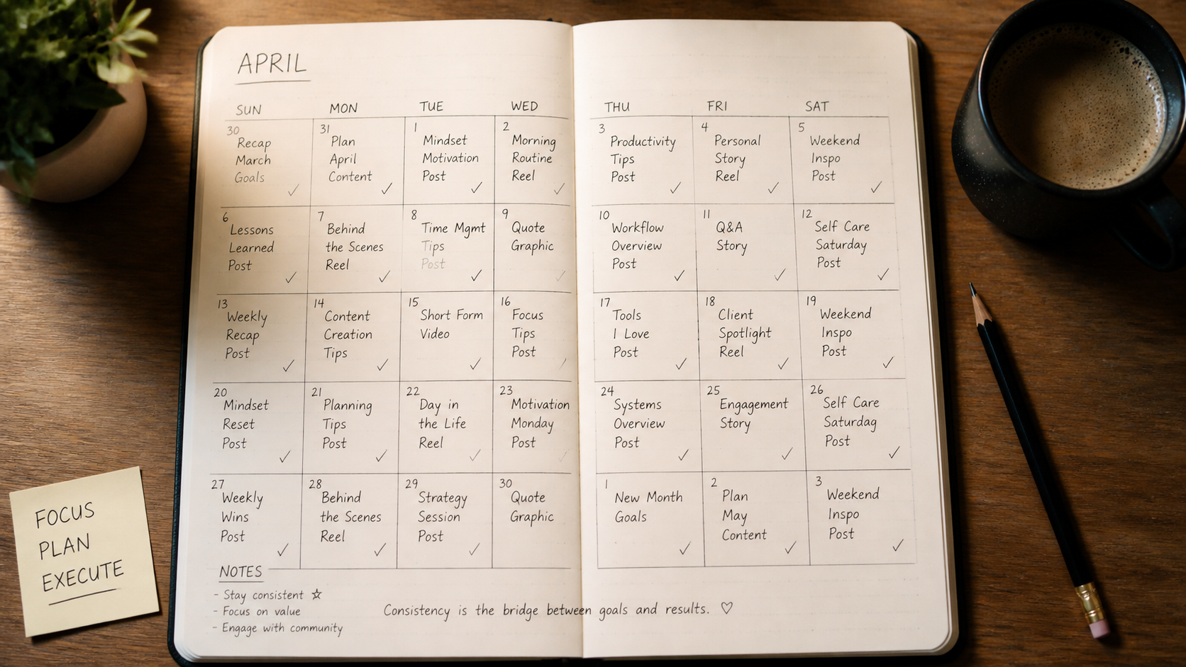 30-day TikTok growth calendar showing daily posting plan and weekly milestones for beginner creators