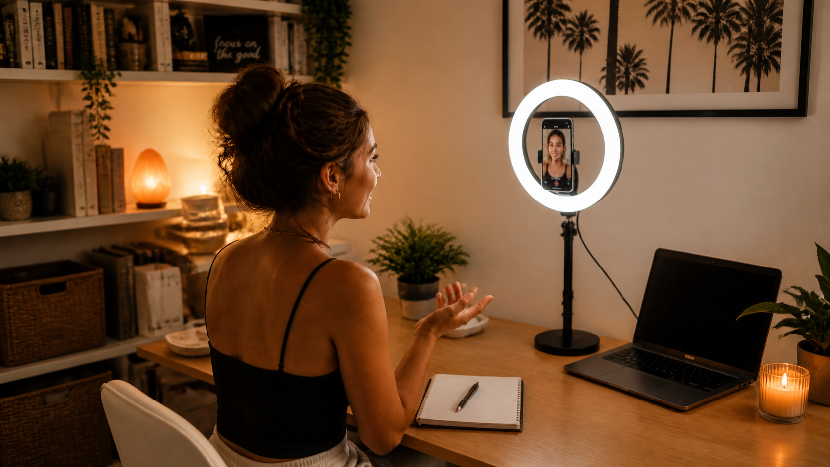 Beginner content creator filming a TikTok video on a smartphone with ring light in a home studio setup