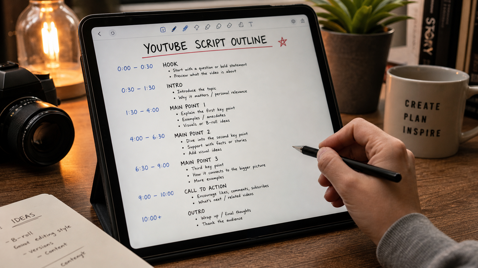 Close-up of a YouTube script outline written in a notebook with timestamps