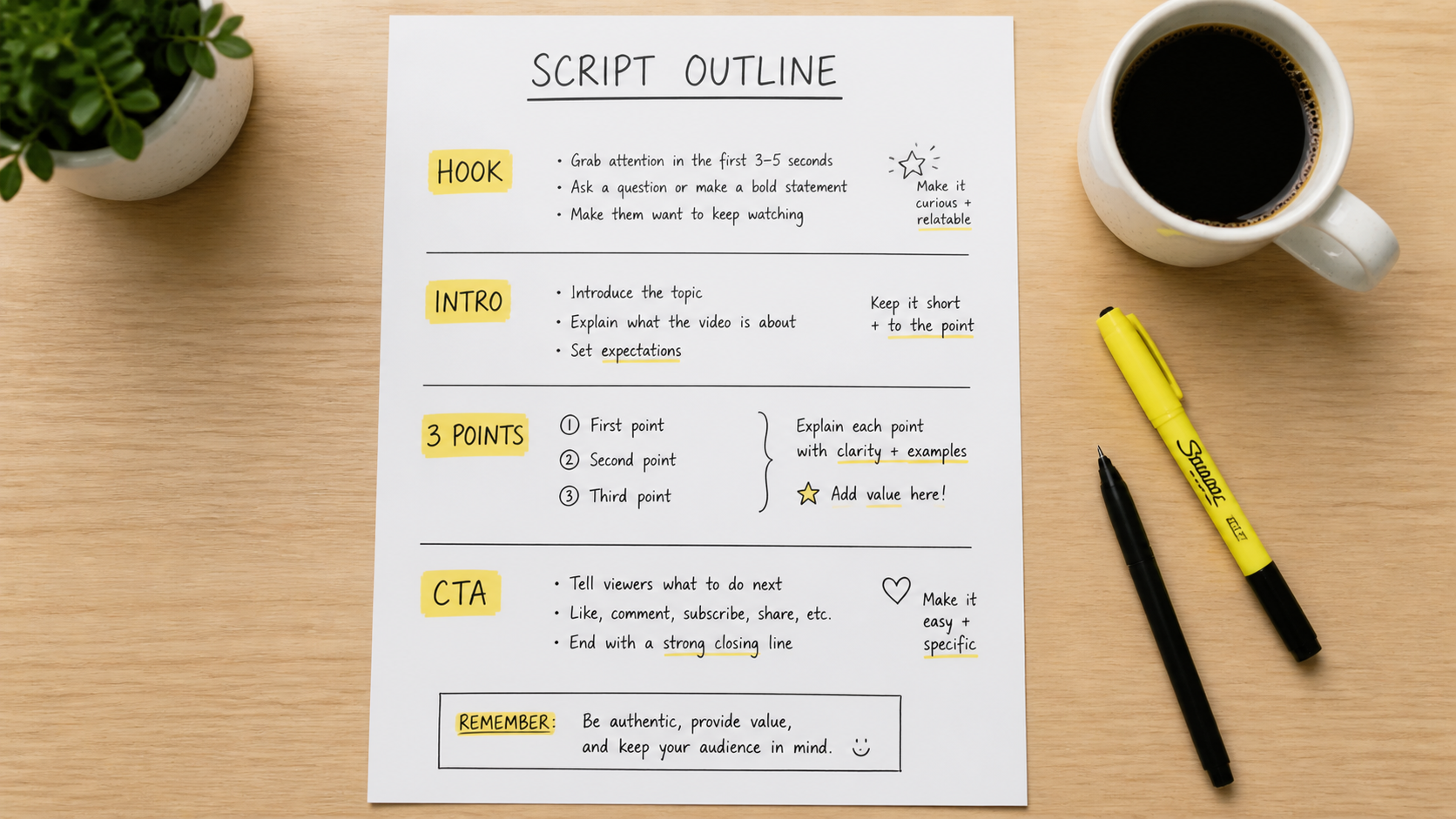 YouTube script template showing hook intro body and call to action structure