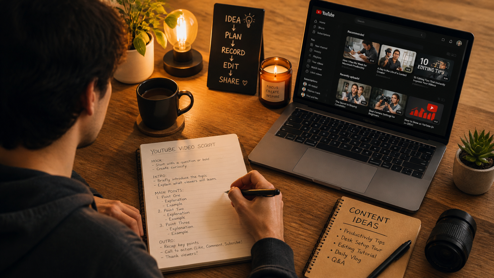 Creator writing a YouTube script at a desk with notes and laptop