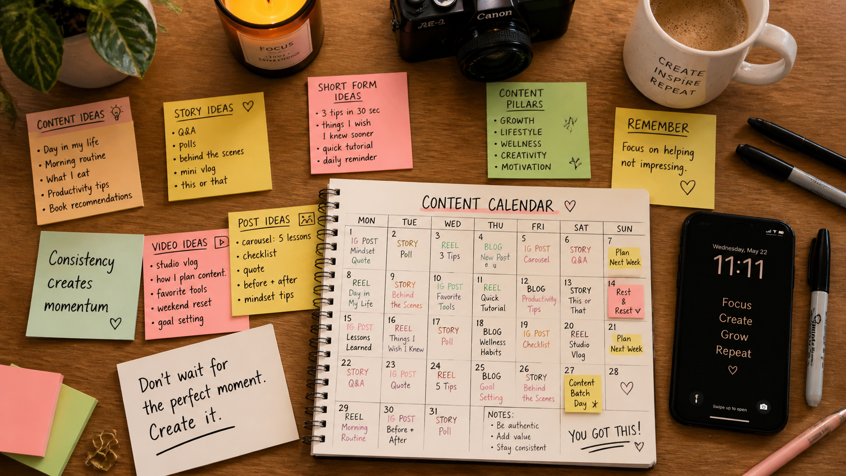 Content creator brainstorming ideas at a desk with sticky notes and laptop