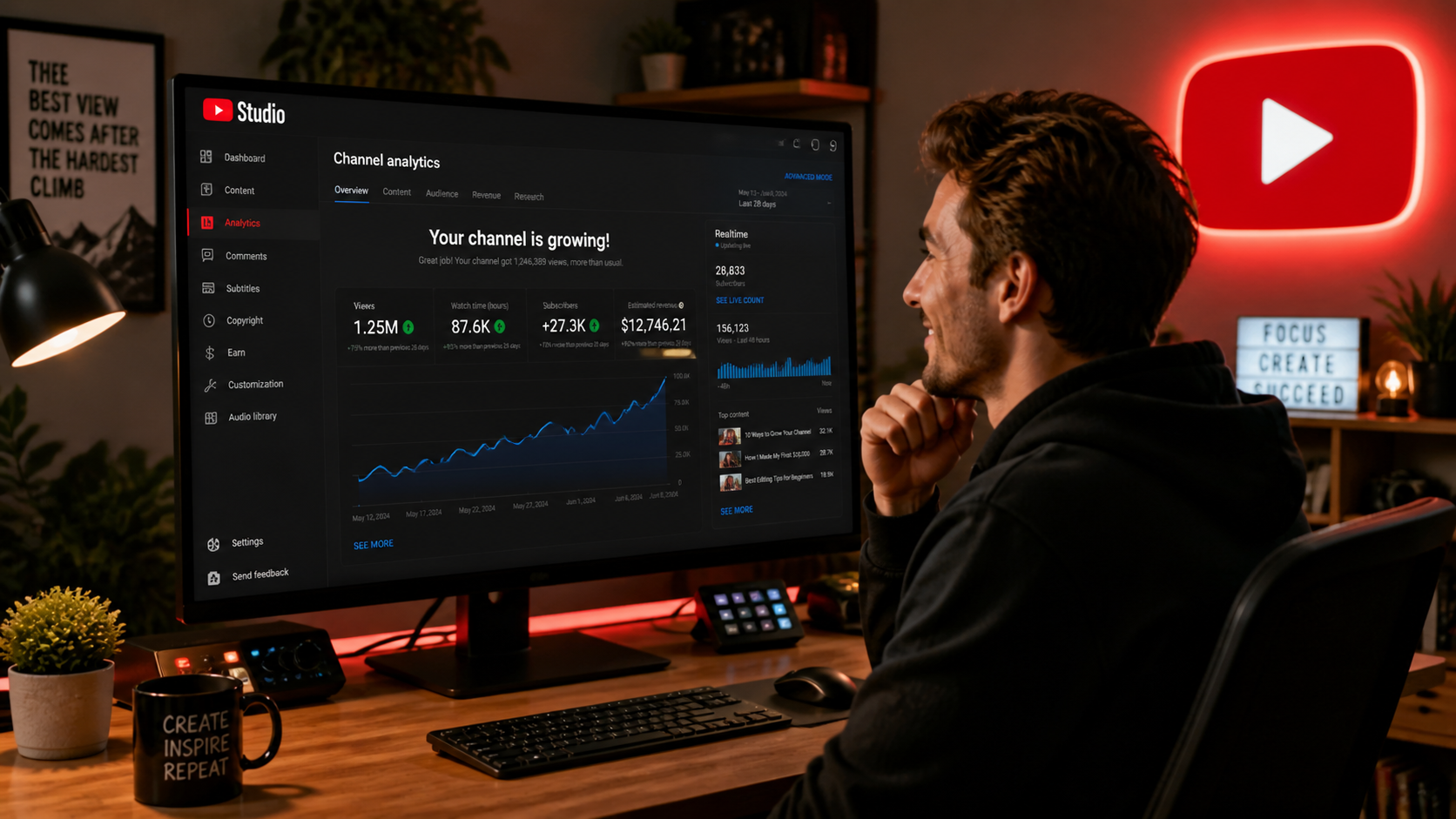 YouTube creator looking at YouTube Studio analytics dashboard showing channel growing with rising views graph