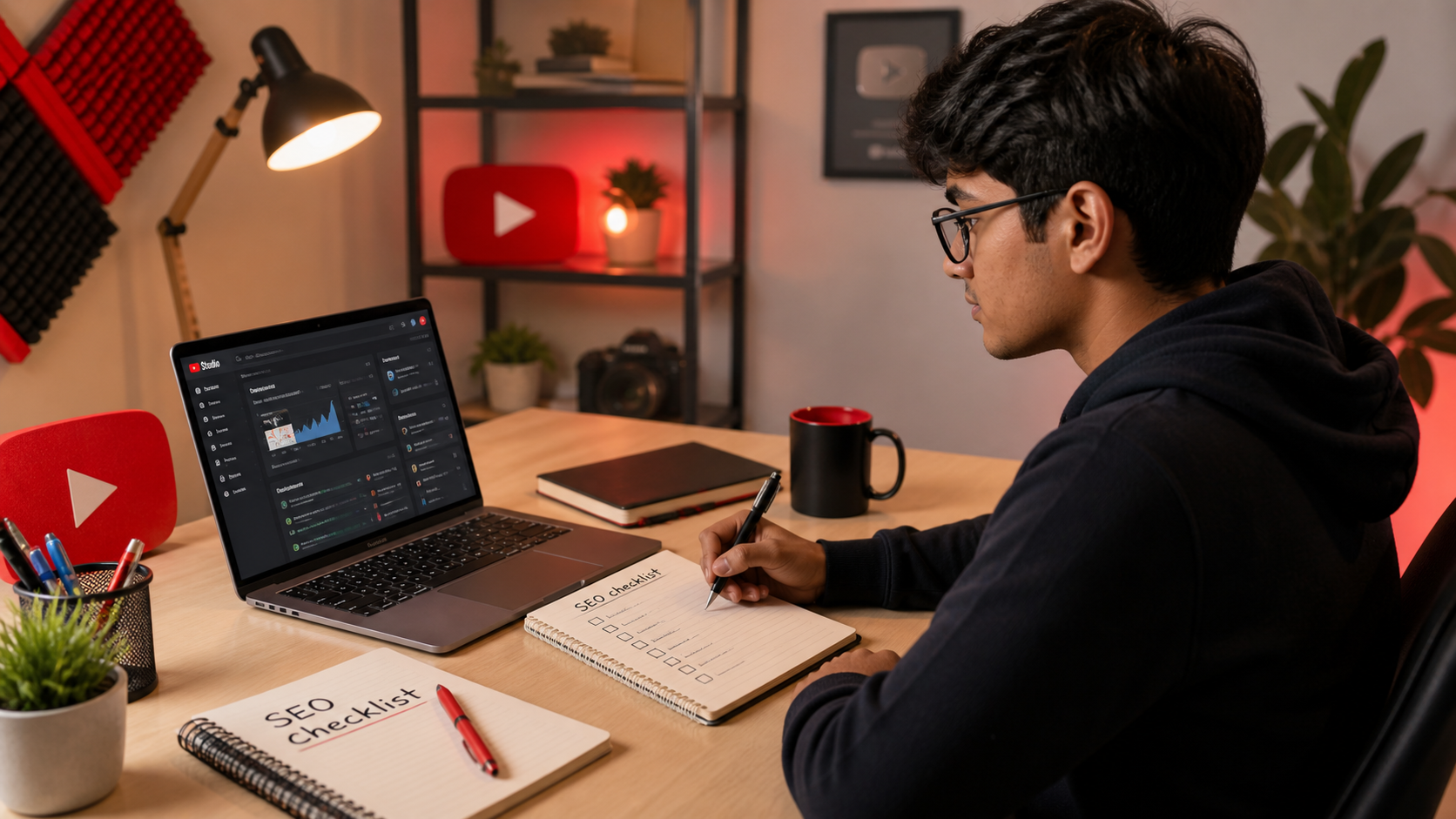 YouTube creator writing SEO checklist in notebook with YouTube Studio open on laptop in home studio