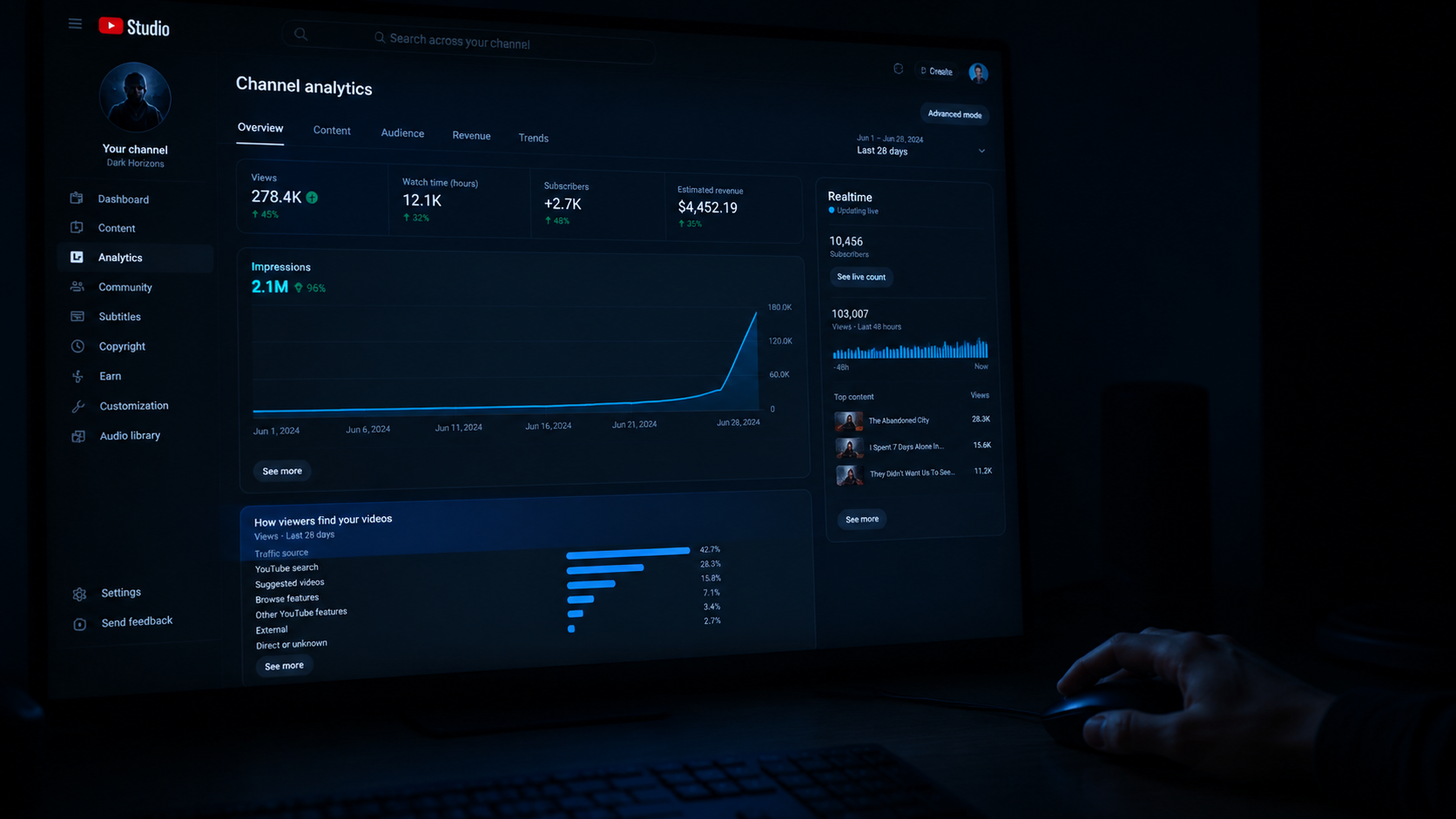 YouTube Studio analytics screen showing search traffic and keyword performance data for a growing YouTube channel