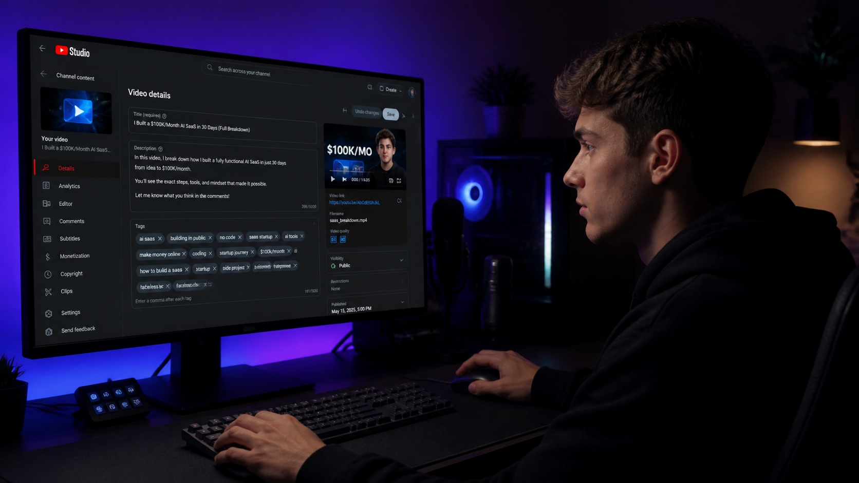 YouTube Studio video details page showing the tags input field where creators add keywords for SEO