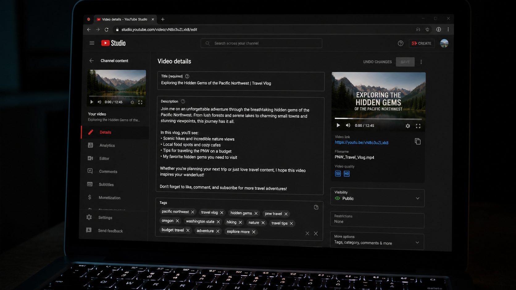 YouTube video upload screen showing tag input area with keyword suggestions for a beginner channel