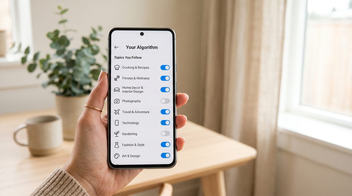 Instagram Your Algorithm settings screen showing topic categories users can toggle on or off to control their content recommendations