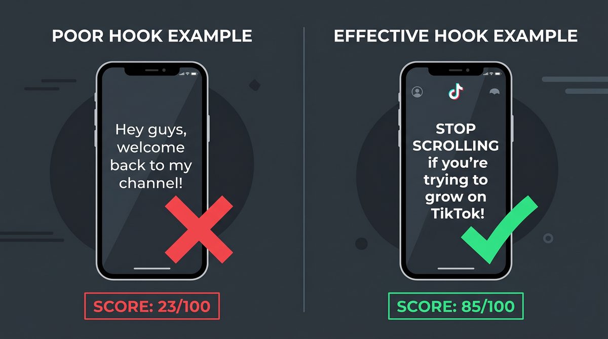 Poor hook example scoring 23/100 vs effective hook example scoring 85/100 — side by side TikTok hook comparison