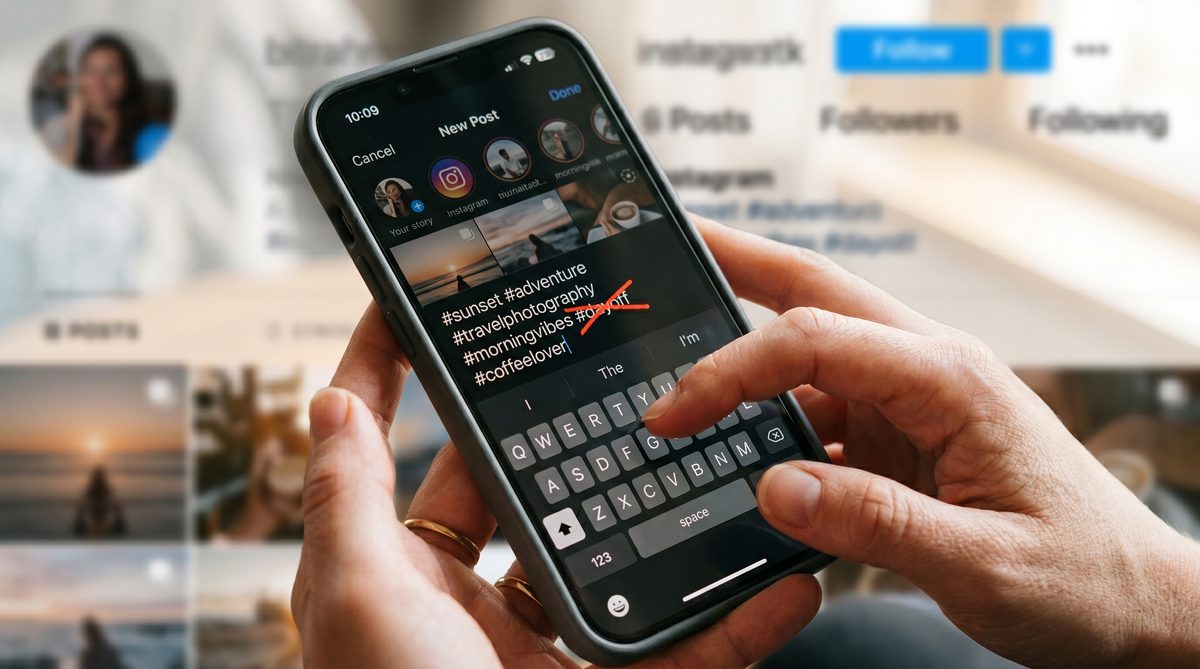 Hands typing hashtags on Instagram with one banned hashtag crossed out in red