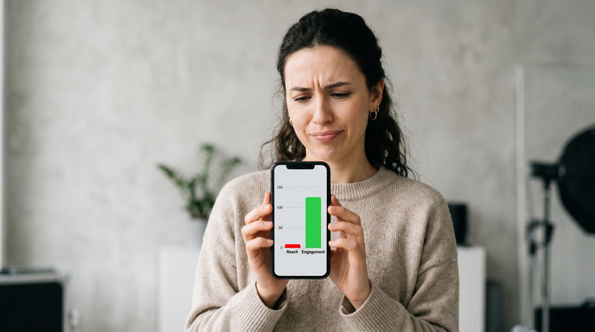Creator holding phone showing low reach bar versus high engagement bar on Instagram analytics