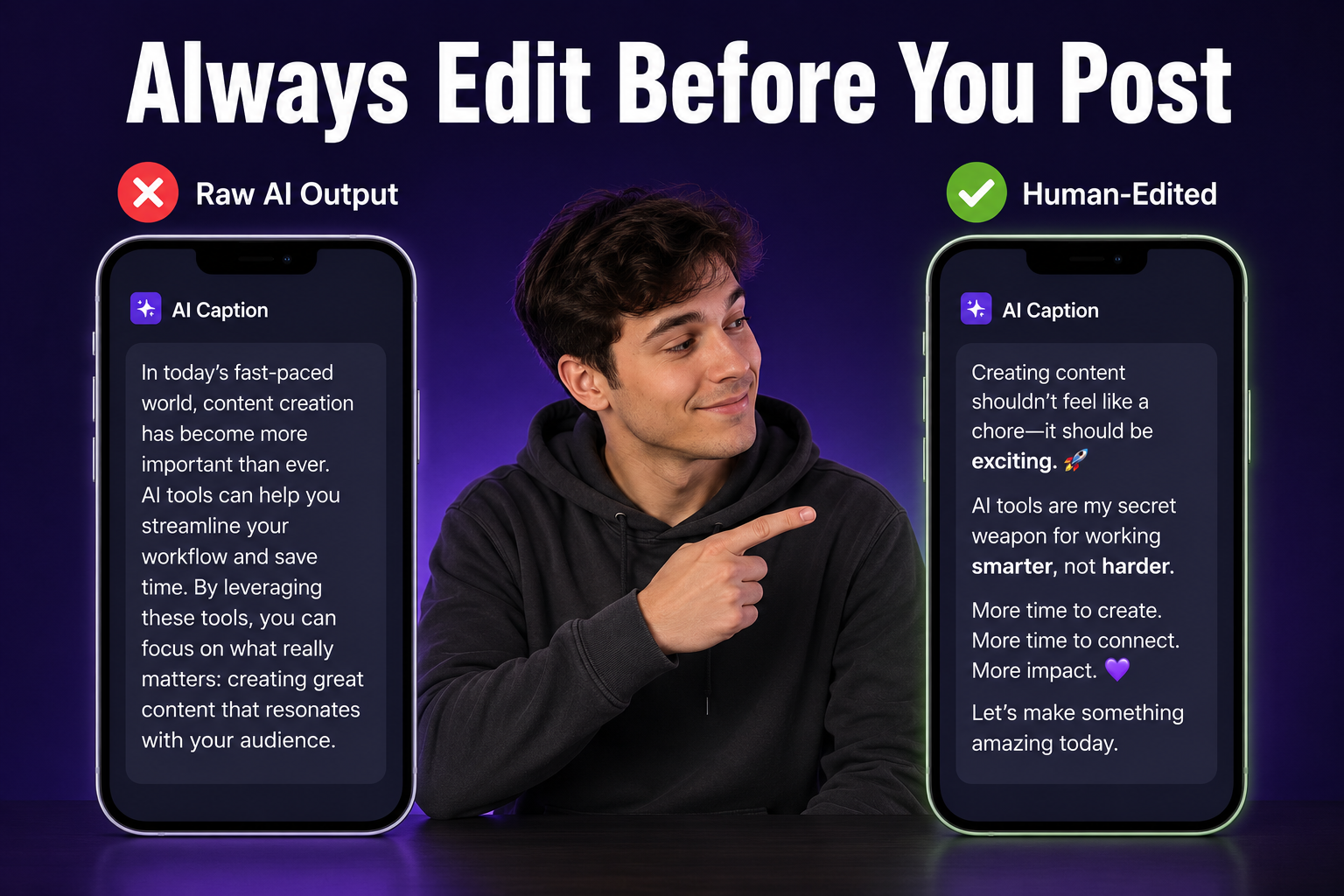 Split comparison showing generic AI-generated caption on the left versus a personalized, human-edited version on the right