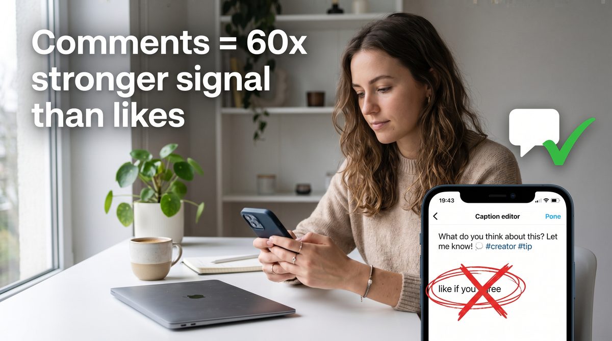 Creator editing TikTok caption, crossing out 'like if you agree' text — showing that asking for likes reduces interactions by 60% while question captions generate 26% more comments