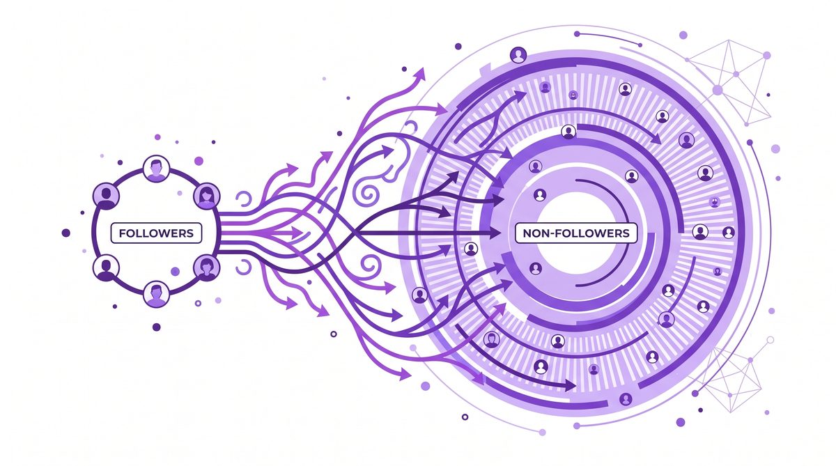 Diagram showing how Instagram Reels distribution flows from followers (small circle) to non-followers (large expanding circle) through the audition system