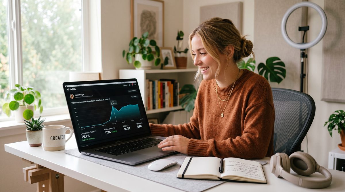 Content creator reviewing TikTok analytics dashboard showing completion rate spike after using an effective hook