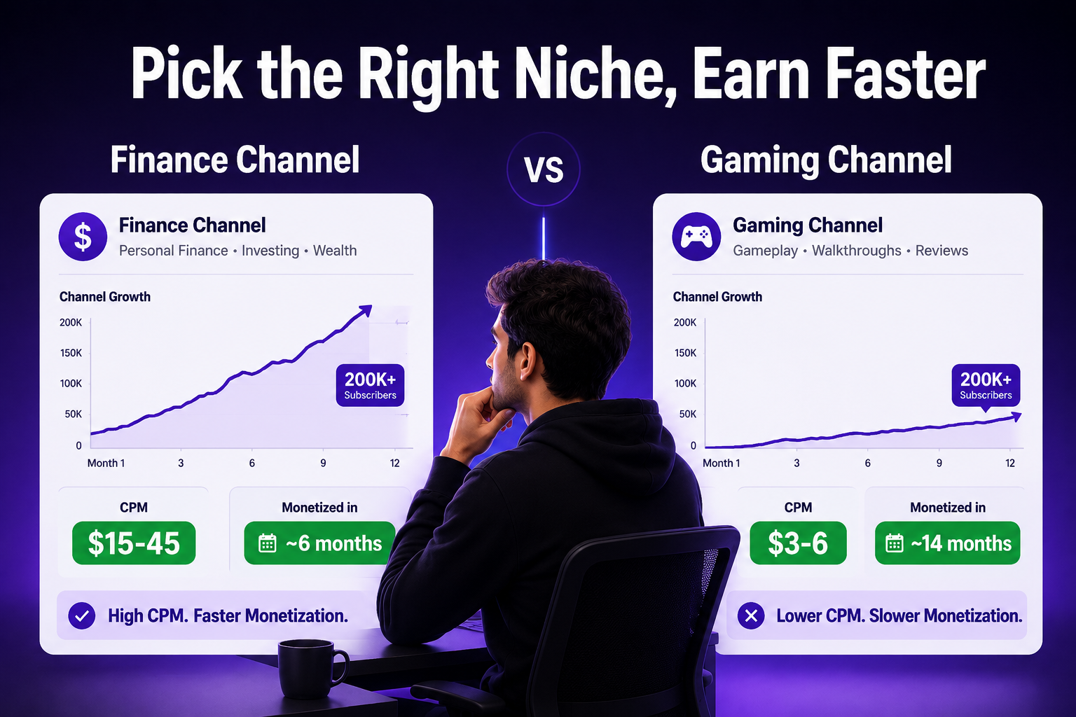 A comparison chart showing YouTube Partner Program requirements and monetization timeline for a faceless finance channel versus a gaming channel.