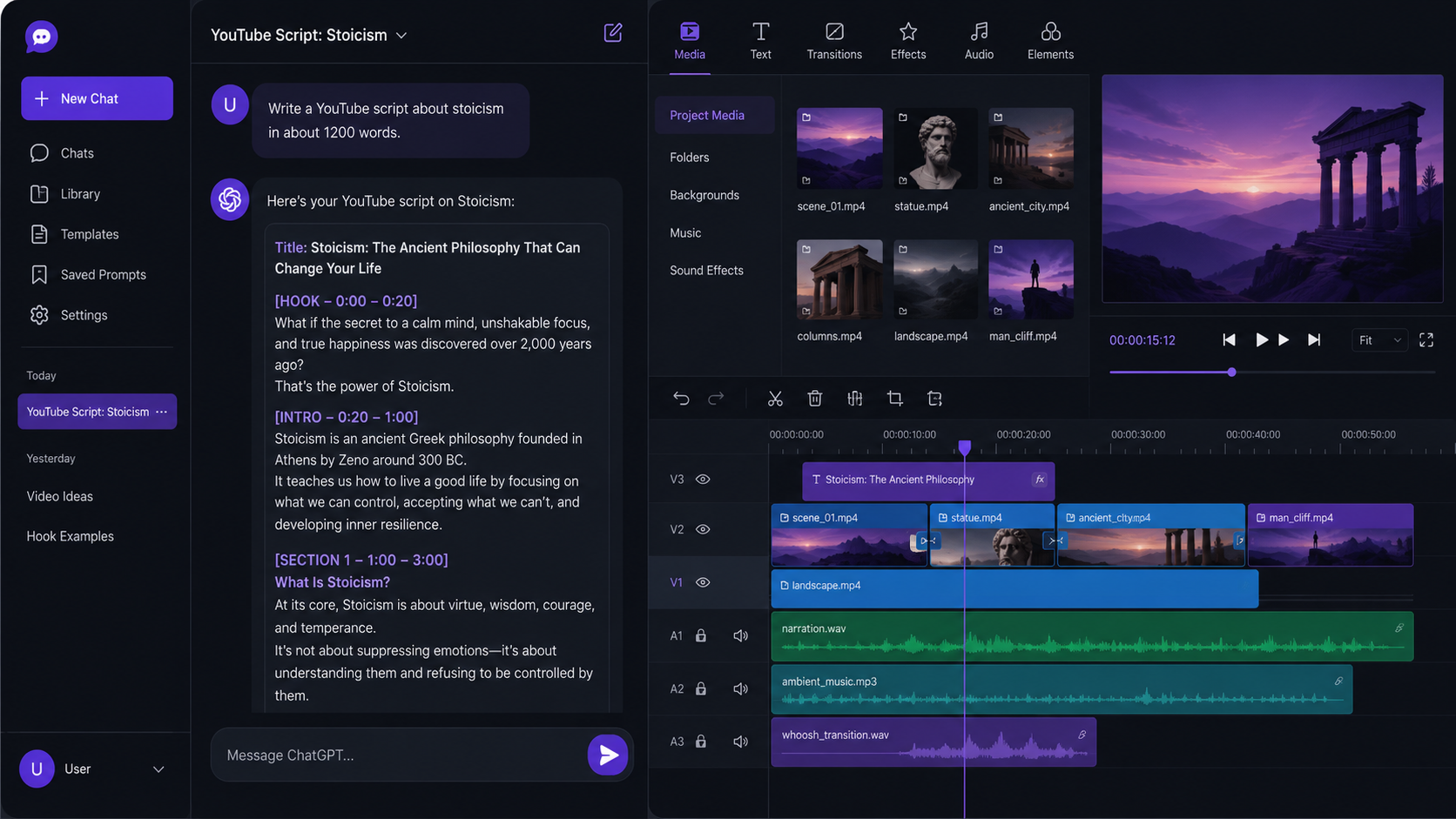 CapCut video editing timeline showing AI voiceover, captions and stock footage layers